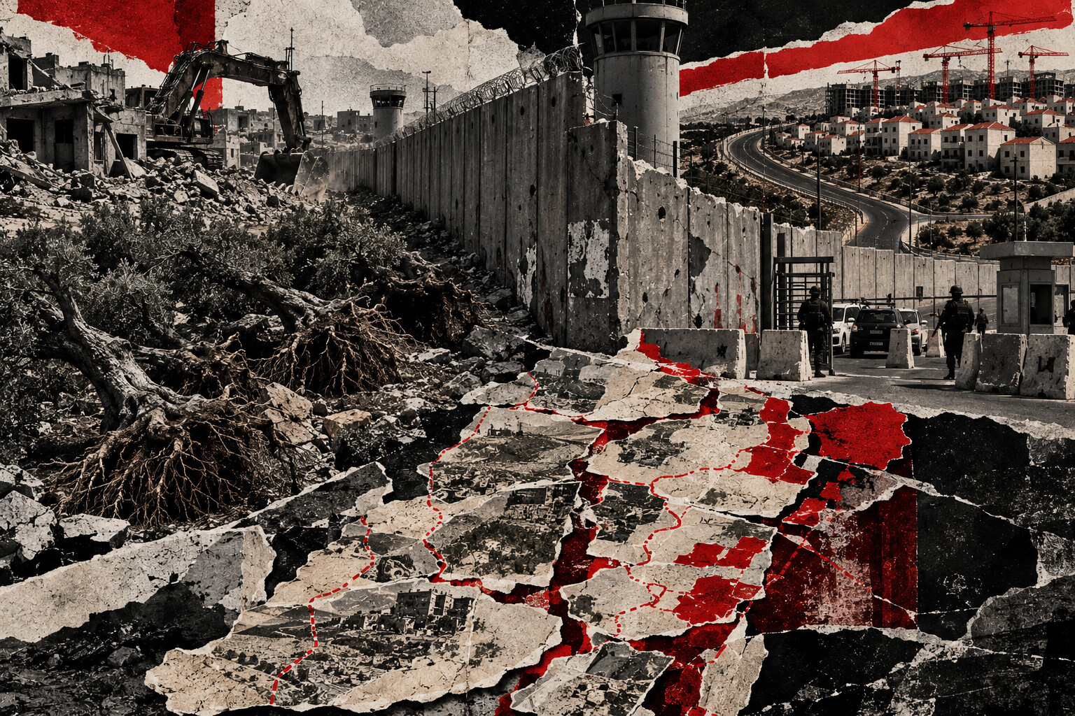 Illustration éditoriale : mur de séparation en béton surmonté d'un mirador, avec d'un côté des décombres et un olivier arraché, de l'autre une colonie en construction ; au premier plan, une carte fragmentée de la Cisjordanie zébrée de lignes rouges