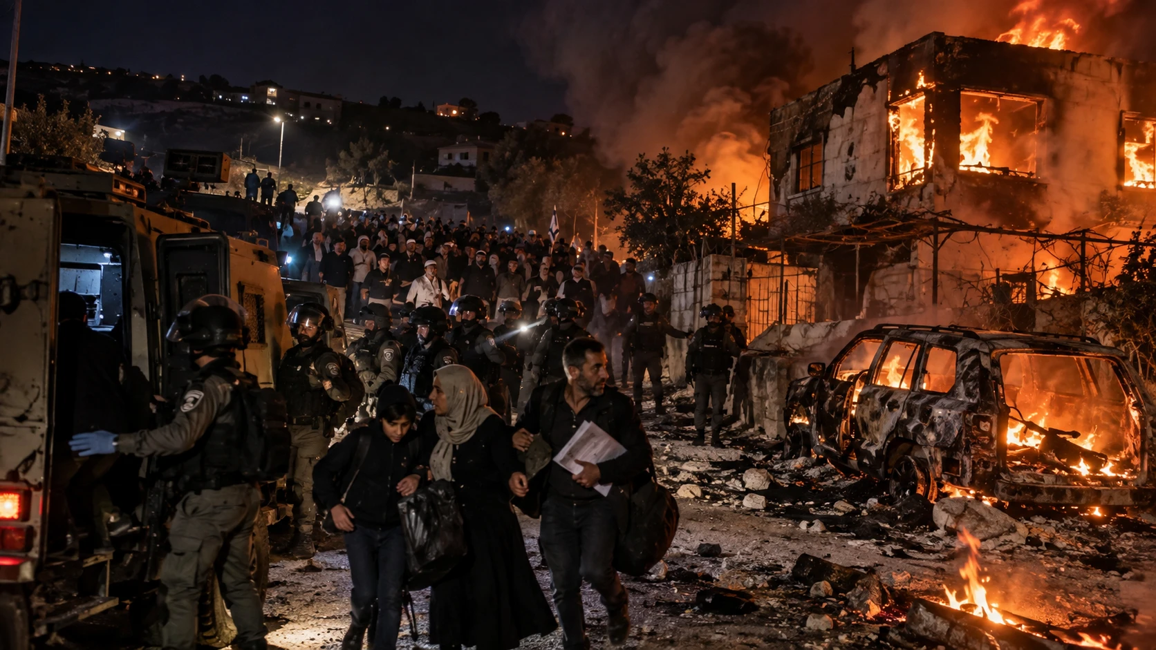 Illustration éditoriale : de nuit, une famille palestinienne est escortée par des policiers des frontières israéliens le long d'une rue de Jalud, entre un véhicule blindé et des voitures incendiées, face à un bâtiment en flammes ; une foule de colons se tient au second plan.