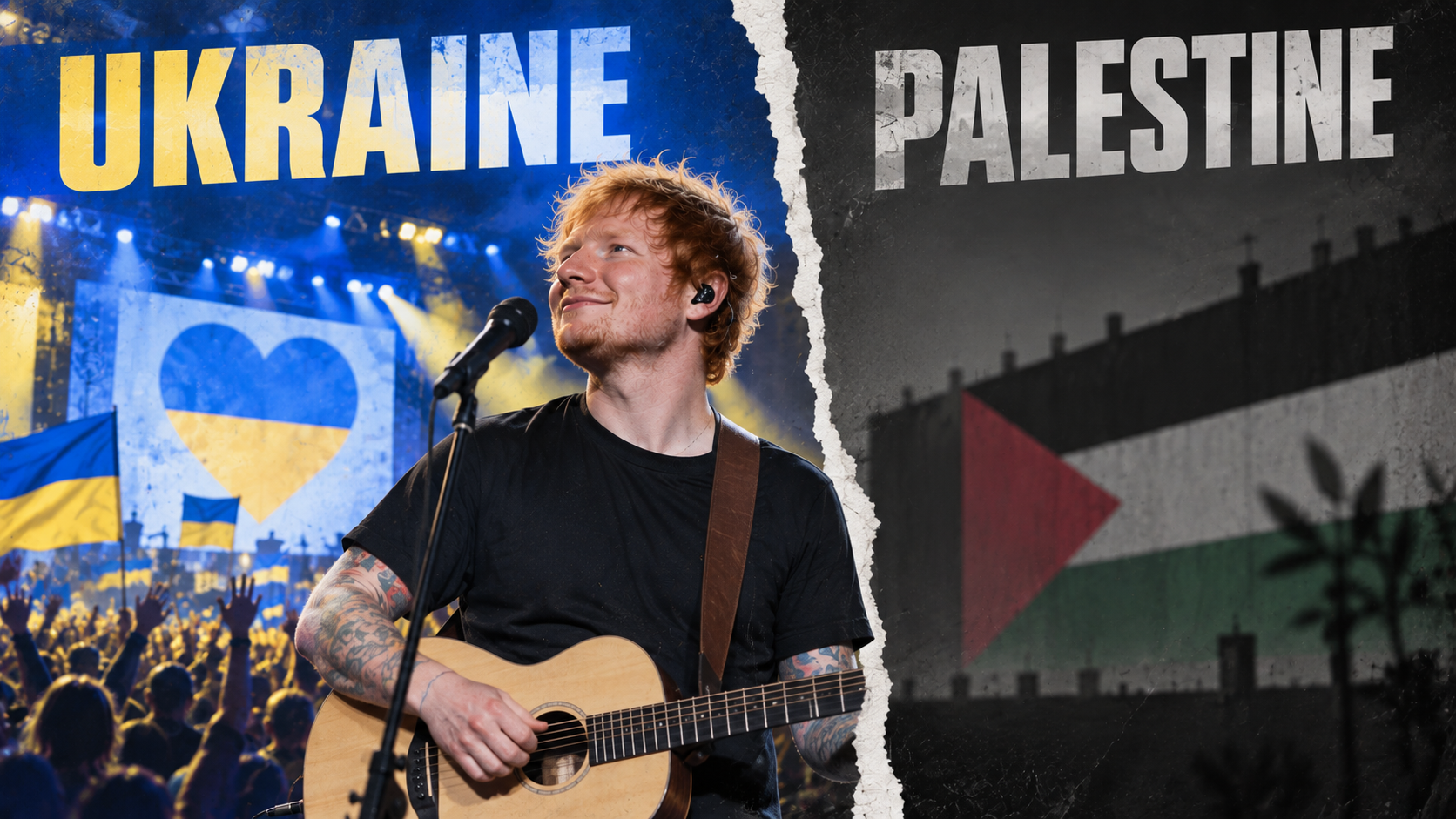 Illustration éditoriale : Ed Sheeran à la guitare sur scène, entre une scène de concert aux couleurs du drapeau ukrainien à gauche et un mur orné du drapeau palestinien à droite, séparés par une déchirure de papier.