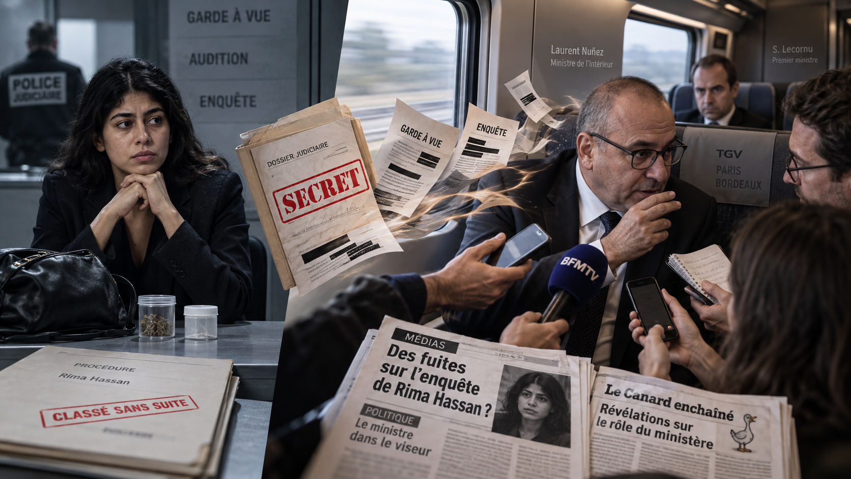 Illustration éditoriale : Rima Hassan assise face à un dossier judiciaire tamponné « secret » d'où s'échappent des documents, en regard du ministre de l'Intérieur Laurent Nuñez répondant à des journalistes dans un train, avec en premier plan des unes de presse sur les fuites de l'affaire