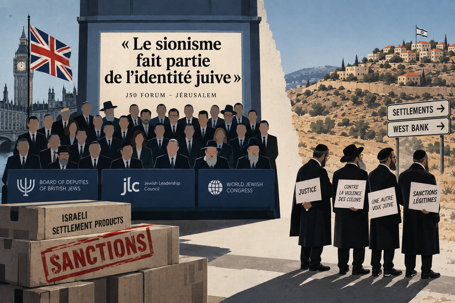 Illustration éditoriale : à Londres, un pupitre du J50 Forum réunissant le Board of Deputies of British Jews, le Jewish Leadership Council et le World Jewish Congress porte l'inscription « Le sionisme fait partie de l'identité juive », devant des caisses de produits de colonies israéliennes tamponnées « Sanctions » ; à droite, en Cisjordanie, quatre rabbins de dos tiennent des pancartes « Justice », « Contre la violence des colons », « Une autre voix juive » et « Sanctions légitimes »