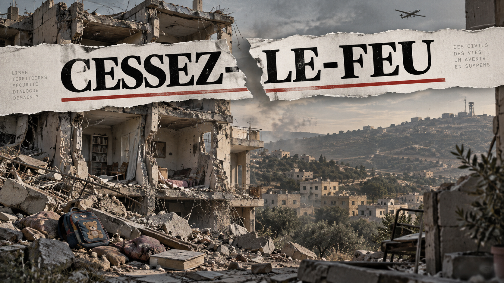 Illustration éditoriale : un immeuble libanais éventré, sac à dos d'écolier et livres épars dans les décombres au premier plan, un drone survolant la scène ; en arrière-plan, une colline du sud du Liban ; en surimpression, un bandeau déchiré façon une de journal portant la mention « Cessez-le-feu »