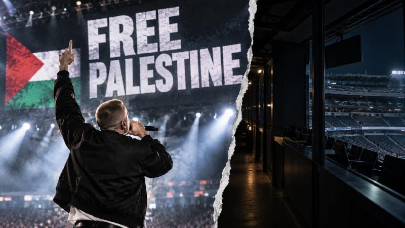 Illustration éditoriale : Macklemore de dos sur scène devant l'inscription FREE PALESTINE, séparée par une déchirure de papier d'un couloir de loges de stade vide