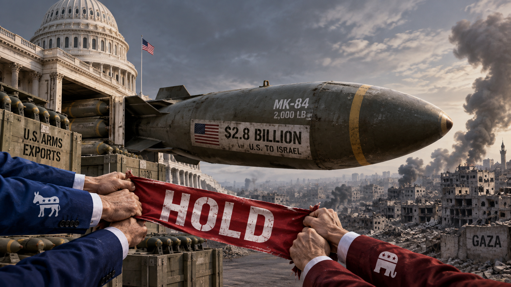 Illustration éditoriale : une bombe de 2 000 livres MK-84 marquée « 2,8 milliards de dollars, États-Unis vers Israël » survole le Capitole américain, retenue par une banderole rouge déchirée portant la mention « HOLD » tirée par deux mains, l'une ornée d'un pin's du Parti démocrate, l'autre d'un pin's du Parti républicain ; en arrière-plan, les ruines fumantes de Gaza.